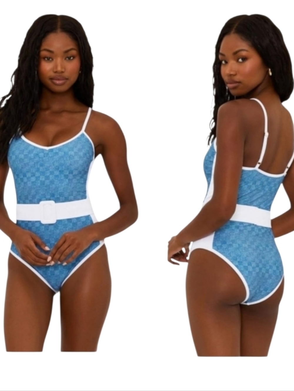 NWT Beach Riot Harmony Belted One Piece Swimsuit Denim Daze Blue sz L - Picture 2 of 7